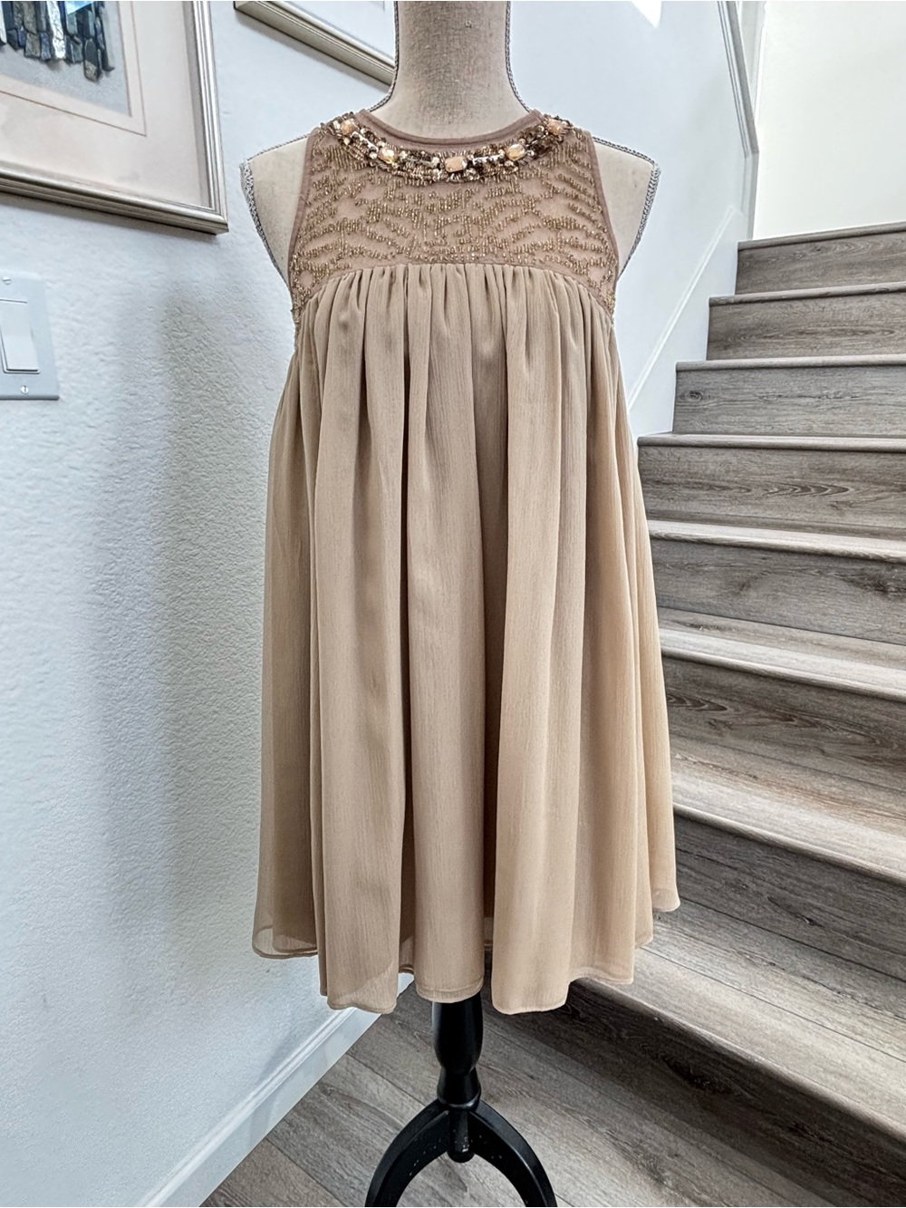 Moulinette Soeurs Embellished Neck Mini Dress in Tan